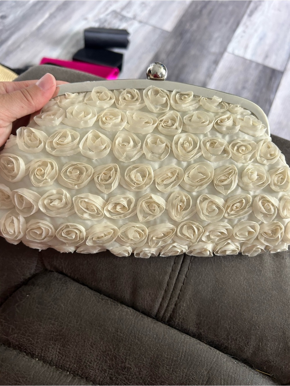 Elegant Ivory Rose Applique Clutch Bag purse